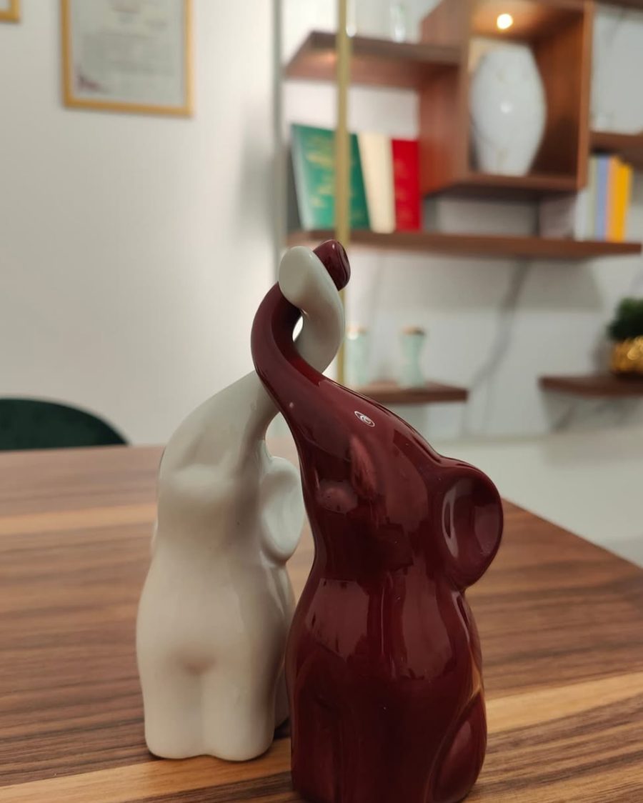 Due elefanti in ceramica con le proboscidi intrecciate sulla scrivania